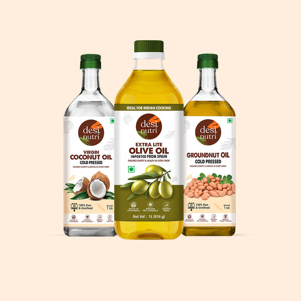 Edible Oils Combo Pack (Olive Oil, Cold Pressed Coconut Oil & Groundnut Oil) - Each 1L