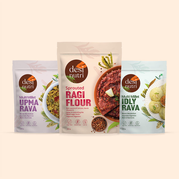 Multi Millet Idly, Upma Rava and Sprouted Ragi Kit Combo Pack - 450g Each